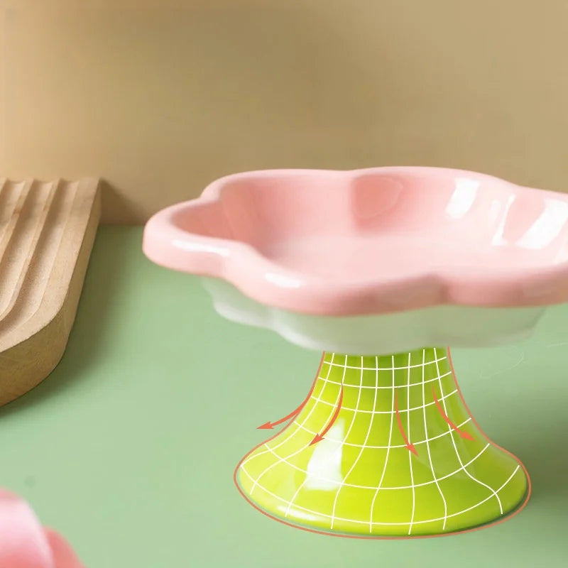 Ceramic Raised Cat Bowl With Flower Design, Elevated Cat Food Bowl