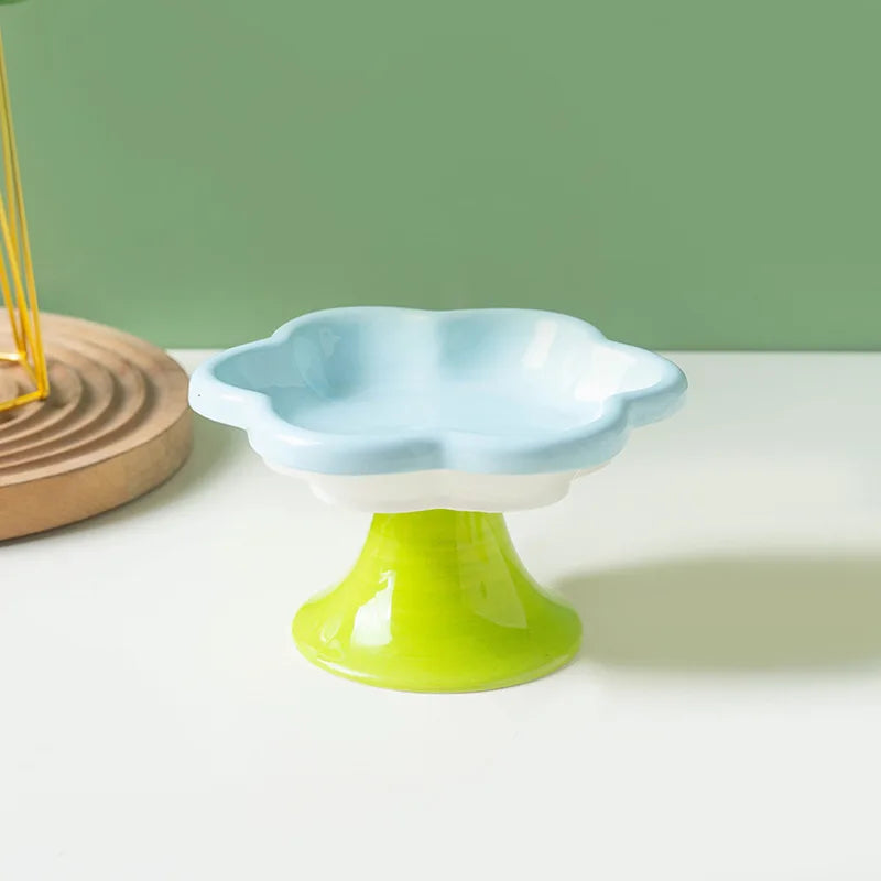 Ceramic Raised Cat Bowl With Flower Design, Elevated Cat Food Bowl