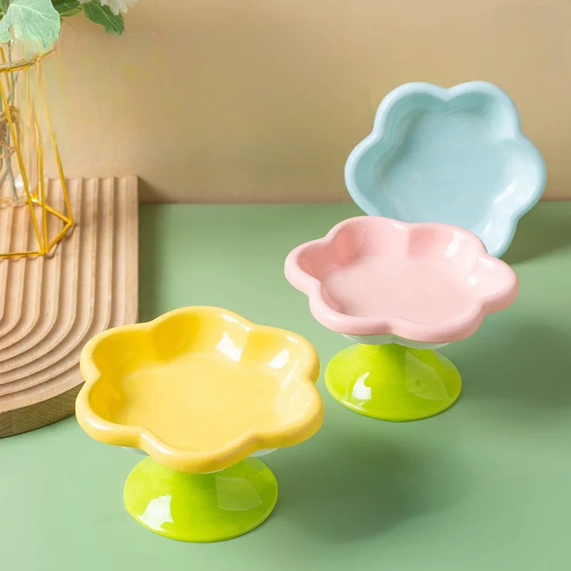 Ceramic Raised Cat Bowl With Flower Design, Elevated Cat Food Bowl