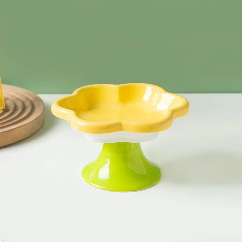 Ceramic Raised Cat Bowl With Flower Design, Elevated Cat Food Bowl