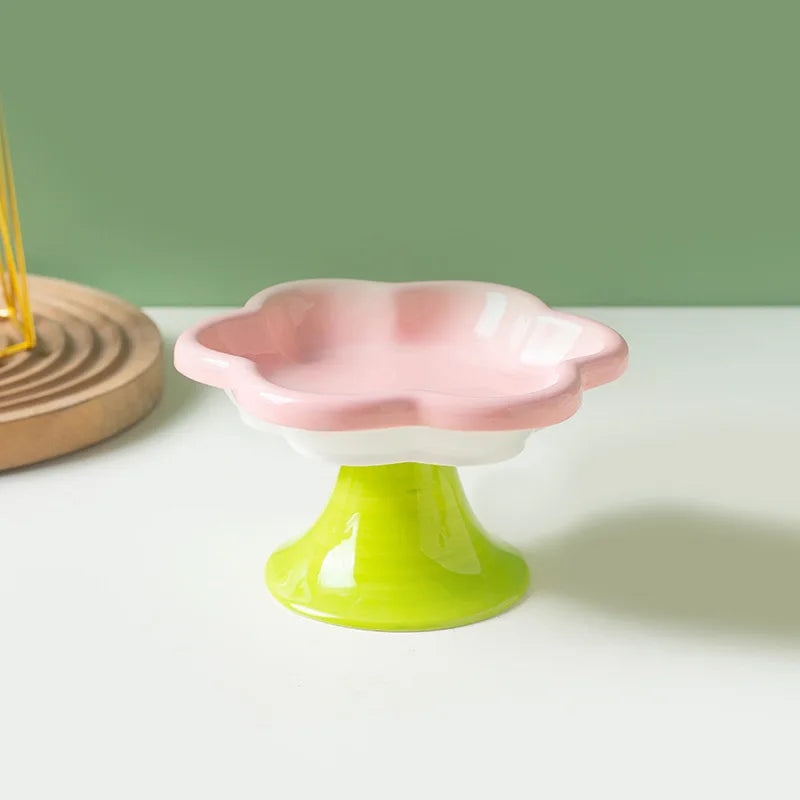 Ceramic Raised Cat Bowl With Flower Design, Elevated Cat Food Bowl