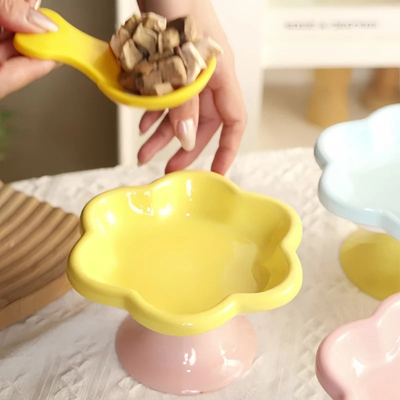 Ceramic Raised Cat Bowl With Flower Design, Elevated Cat Food Bowl